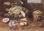 Jan Van Kessel the Younger Still life of a watermelon,pears,grapes and melons,plums,apricots and pears in a basket,with a dog surprising a monkey and fraises-de-bois spilling ou Spain oil painting art